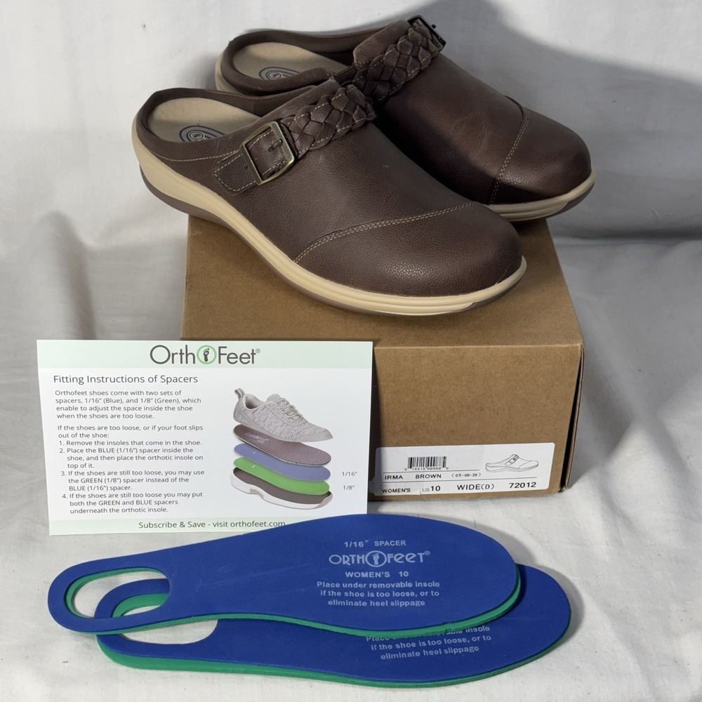 Women's Orthofeet Irma Brown Mules Clogs Leather Slip On Size 10 W Wide NEW